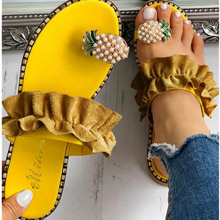 

Fashion Casual Pineapple decoration pearl slides Flip Flops Sandal Summer Woman Slipper Lady Ladies Slippers And Sandals, Green, black, yellow, beige