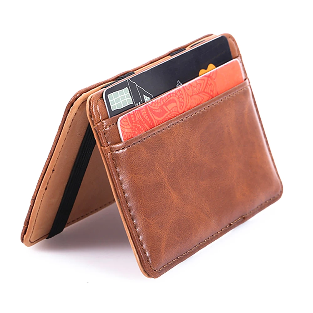 

Luxury 2 Folds Magic Money Clip Card Holder Elastic Rubber Band Flip PU Leather Wallets for Men & Women