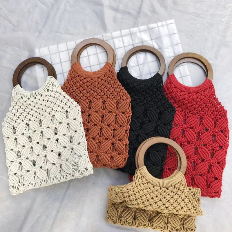 

Chic Seeker Company Wholesale Round Wooden Handle Floral Pattern Macrame Tote Bag Handmade, 5 choices
