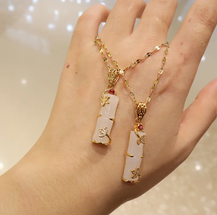 

stainless steel fadeless gold bamboo zircon pendant sweater chain necklace