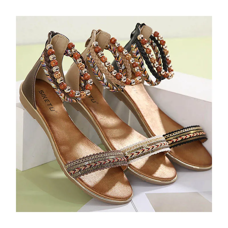 

Hot selling new Roman Bohemia folk style ladies summer sandals golden edge big size flat comfort weave women's sandals