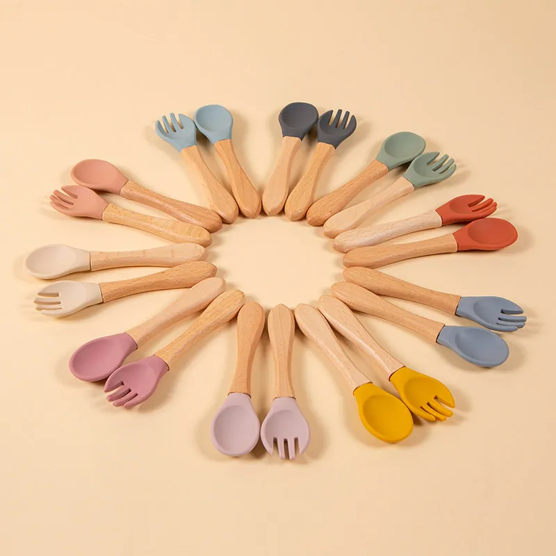 

Eco-friendly BPA free natural bamboo fork spoon baby silicone fork and spoon cutlery set, 10 colors