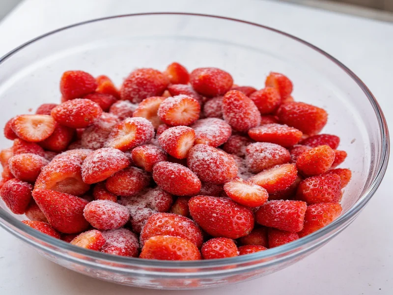 Fresh strawberries mashing with sugar in glass bowl