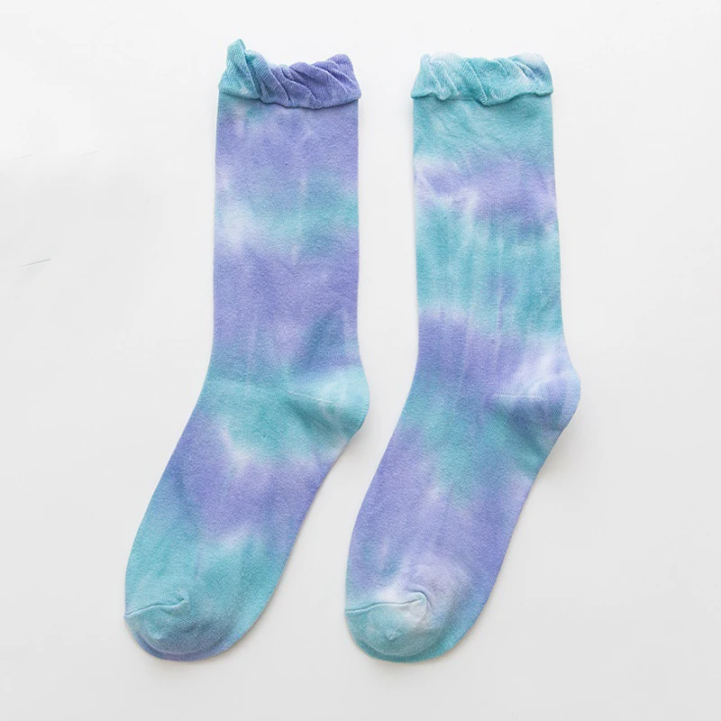 

Wholesale Ladies Spring Summer Mid Calf Ruffle Opening Tie Dye Socks, Custom color