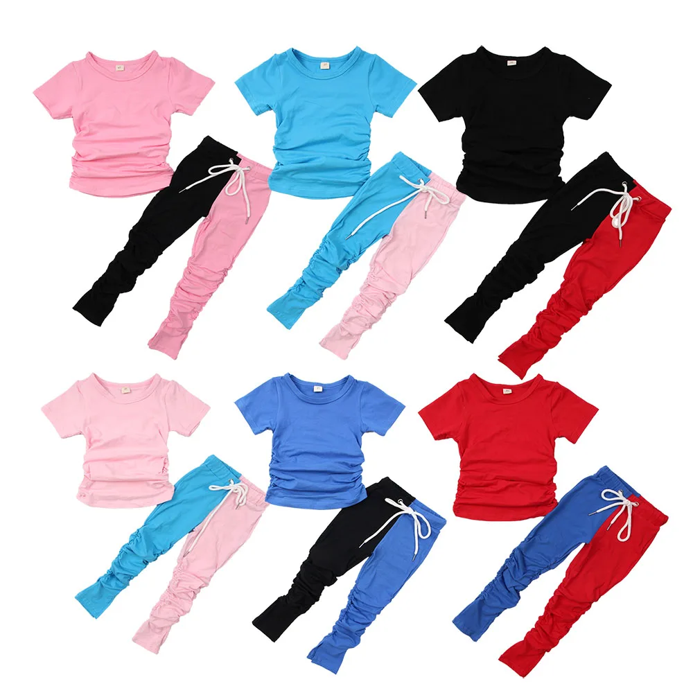 

Latest Wholesale Kids Bicolor 2 Piece Short Sleeve Girls clothes Outfiti Stacked Sweat Pants little Girls Stacked Pants Set