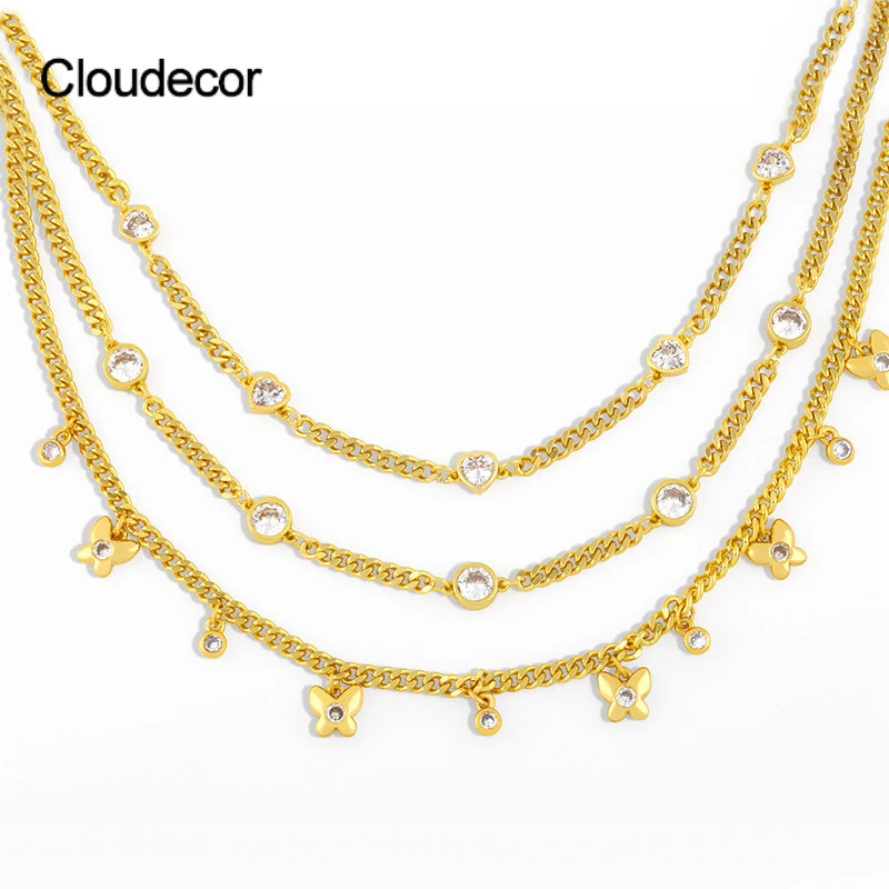 

Cuban Link Necklace Clear Zircon Butterfly Choker Necklace Charm Gold Plated Jewelry Set Girl Heart Diamond Necklace Luxury, 18k gold plated