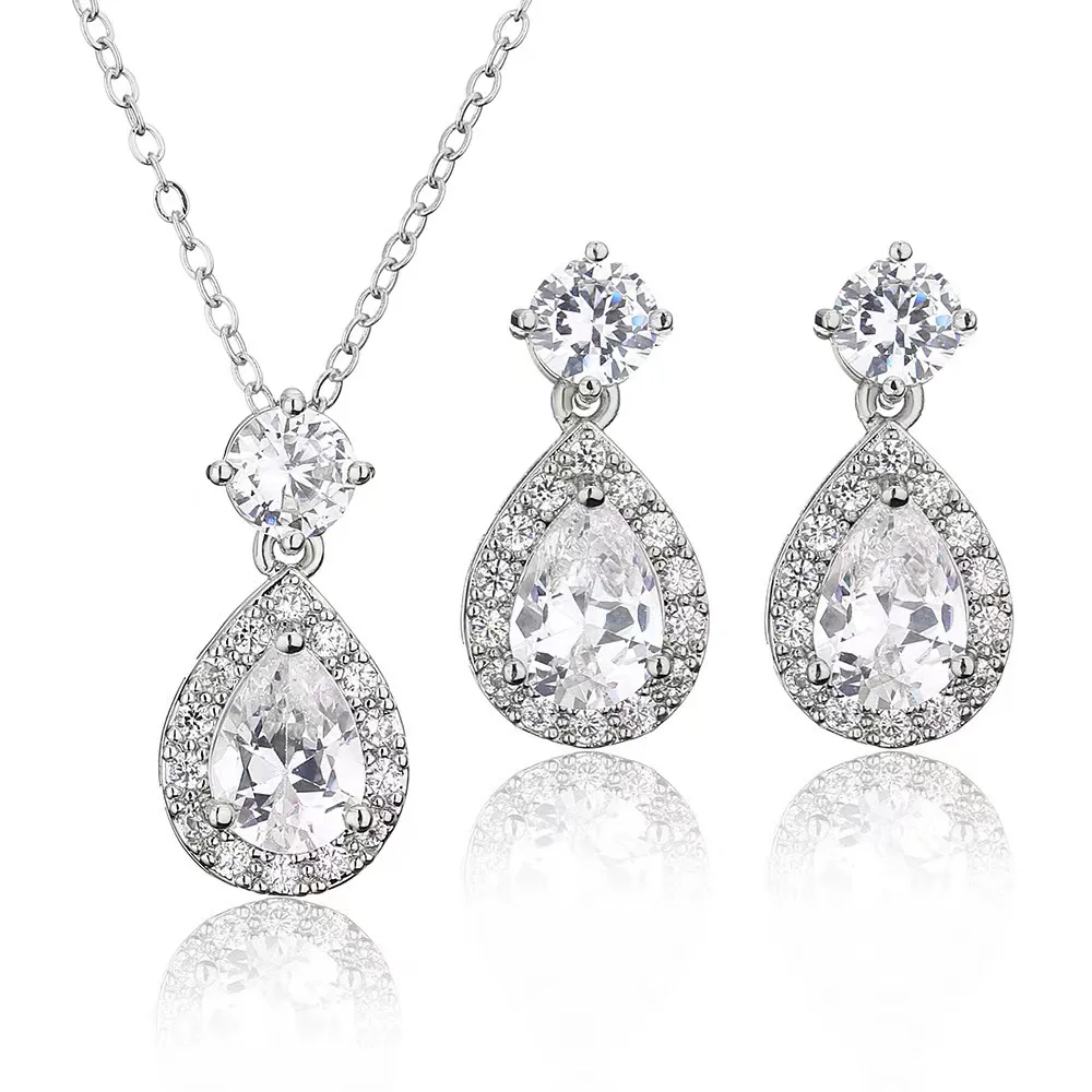 

ROMANTIC Simple Water Drop Copper Zircon Wedding Earrings Necklace Jewelry Sets