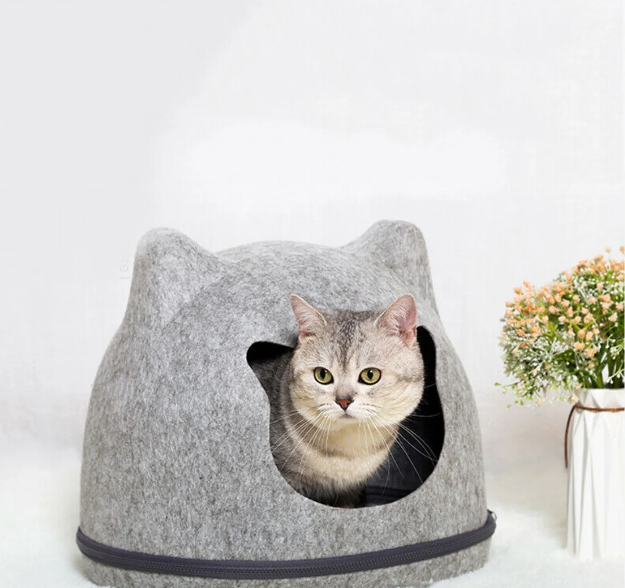 

New home removable cute cat head shape felt cat cave with zipper, Customized color