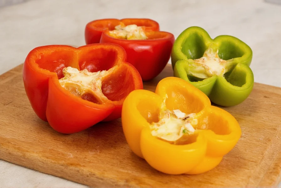 Three colorful bell peppers sliced open with seeds removed on wooden cutting board