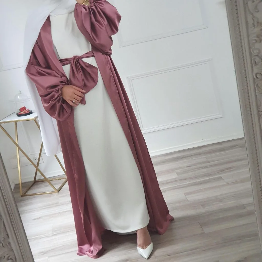 

New Arrival Dubai Arabic Muslim Women Puff Sleeve Open Front Abaya Satin Maxi Dress Turkish Islamic Clothing, 5 colors