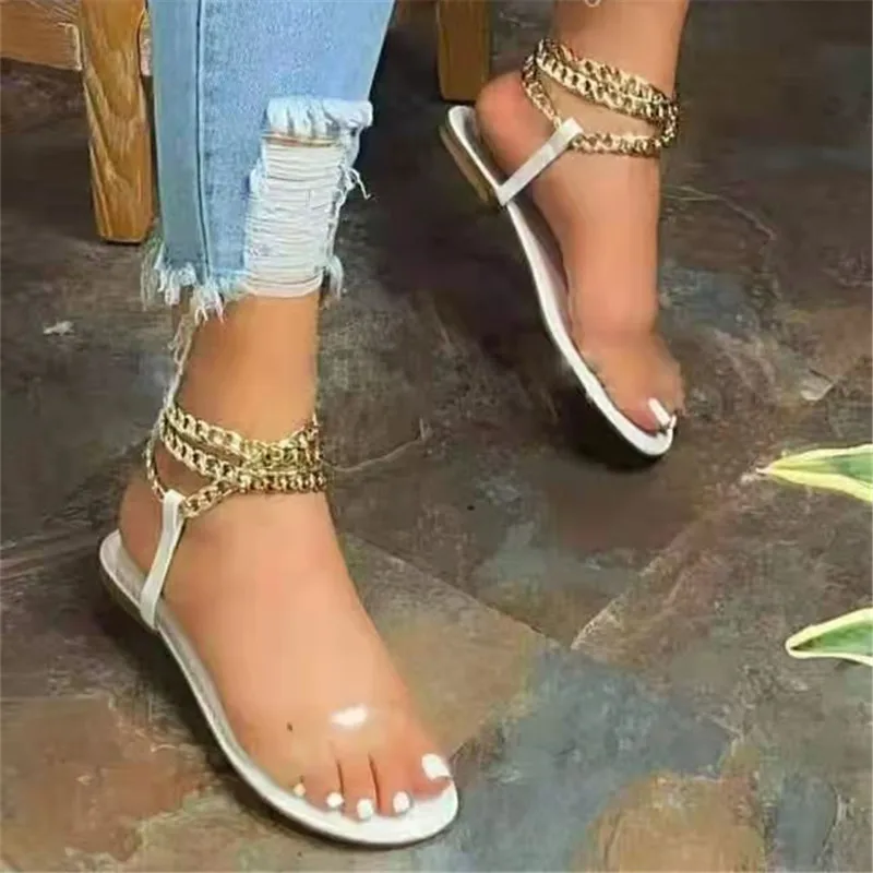 

Women Summer Basic Flats Shoes Woman PVC Sandals Leather Plus Size Flip Thong Gothic Chain Sandals beach shoes