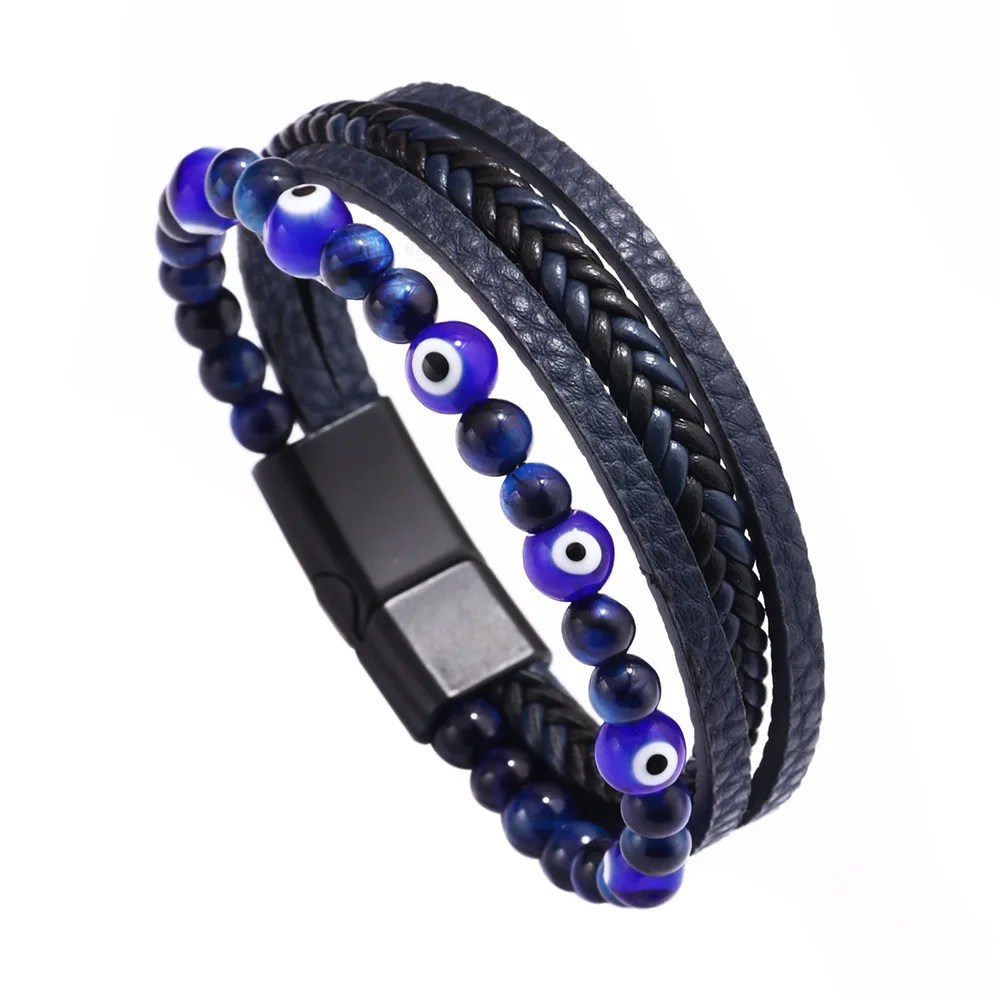 

Vintage Bracelets Multi Layer Leather Black Blue Button Woven Natural Stone Devil's Tiger's Eye Bracelet
