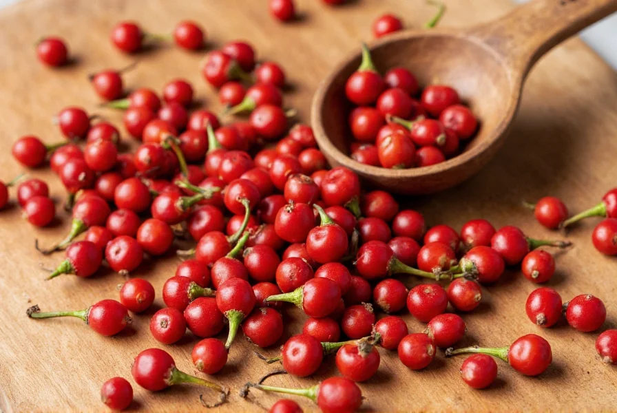Close-up photograph of cubeb pepper berries showing their distinctive tails, arranged on a wooden cutting board with measuring spoon
