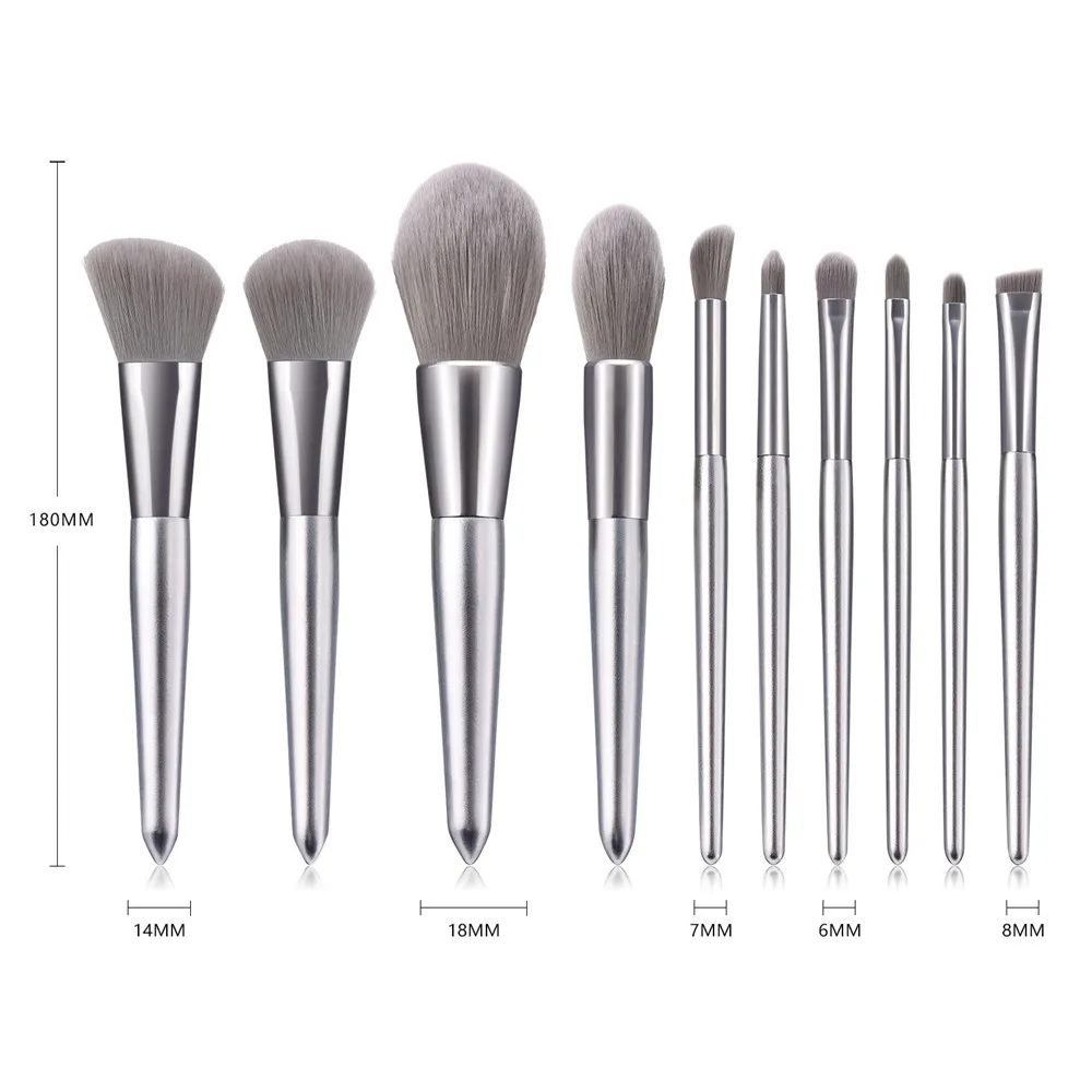 

10pcs Silver Makeup Brush Set Custom Logo foundation powder eyeshadow eyebrow blush cosmetic vegan make up brush set tool