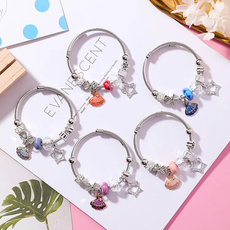 

Vintage Ethnic Stainless Steel DIY Crystal Beads Bracelet Star Shell Pendant Adjustable Charm Bracelet for Women (SK943), As picture