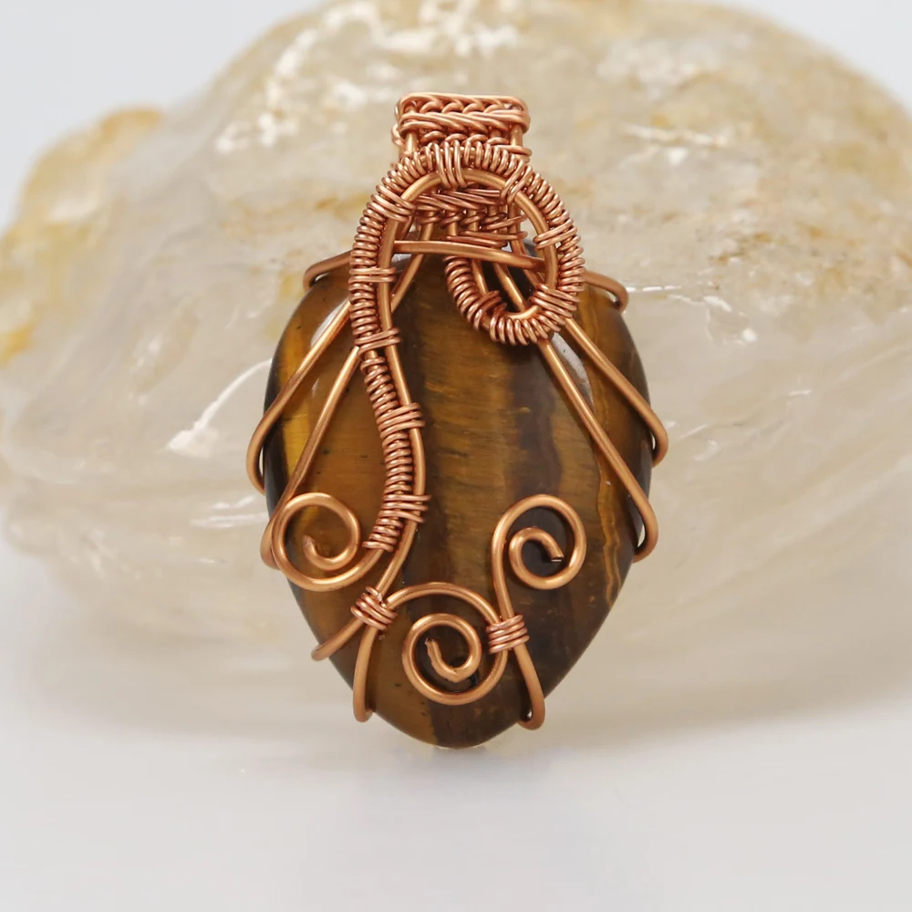 

Handmade Copper Wire Wrapped Natural Tiger Eye Stone Necklace Pendant For Jewelry Making, Picture
