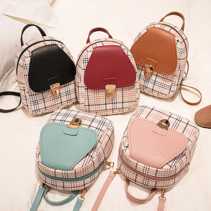 

Cheapest Hot sale pu printing plaid woman small backpack mini ladies bag fashion leather travel shoulder small backpack