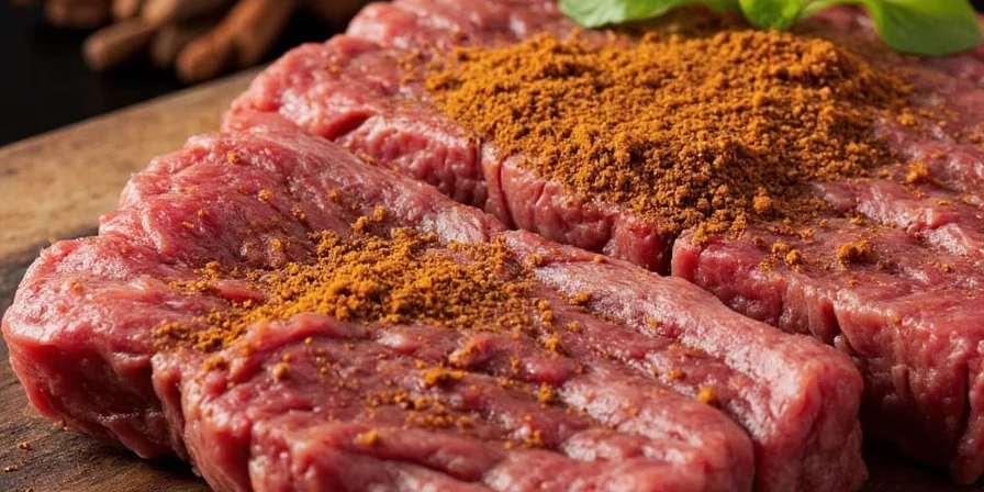 A colorful array of spices next to a juicy steak.