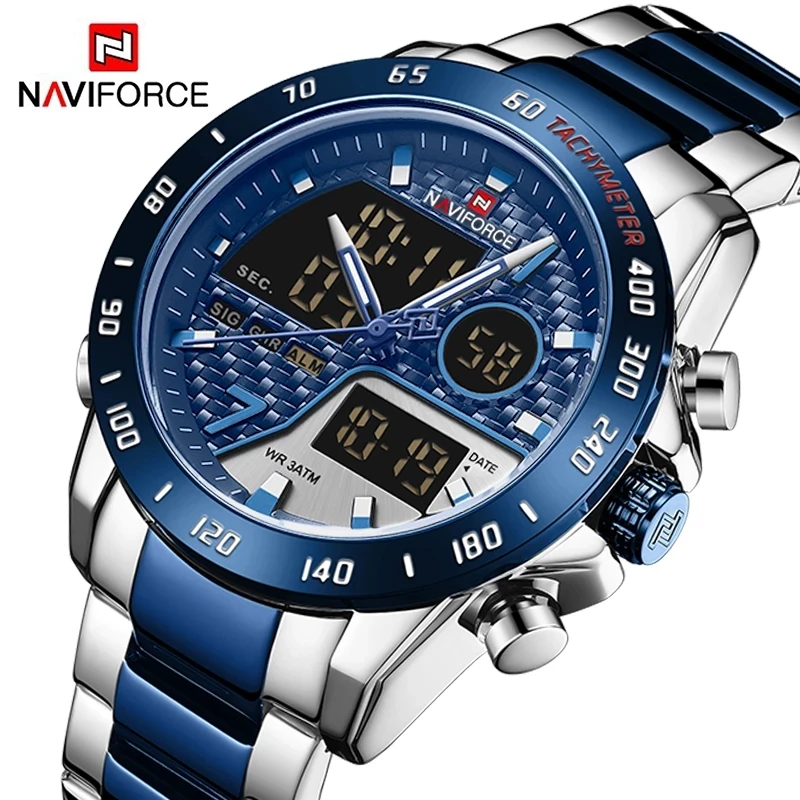 

NAVIFORCE 9171 Brand Men's Wrist Watch Military Digital Sport Watches For Man Steel Strap Quartz Clock Male Relogio Masculino