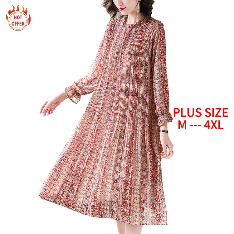 

China Round Neck Long Sleeve Stylish Sexy Elegant Chiffon Floral Midi Woman's Summer Casual Plus Size Dress, Khaki red