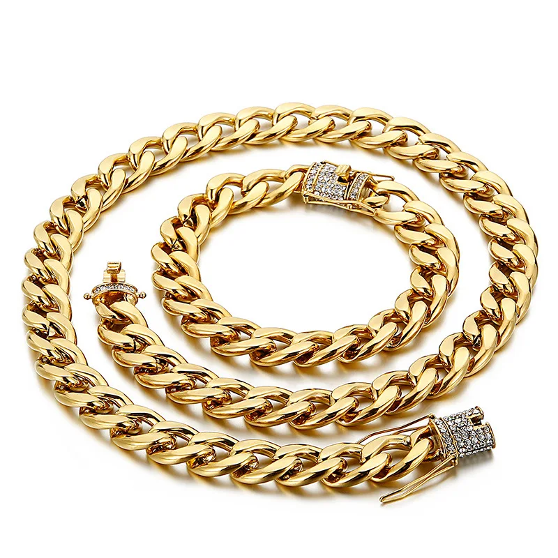 

316L stainless steel hiphop men CZ zircon Cuba chain bracelet necklace set