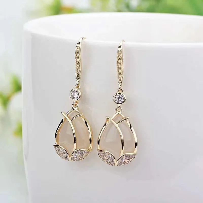 

New Trend Temperament S925 Silver Needle Opal Water Drop Earrings Gold Plated CZ Zircon Tulip Earrings For Women Girls