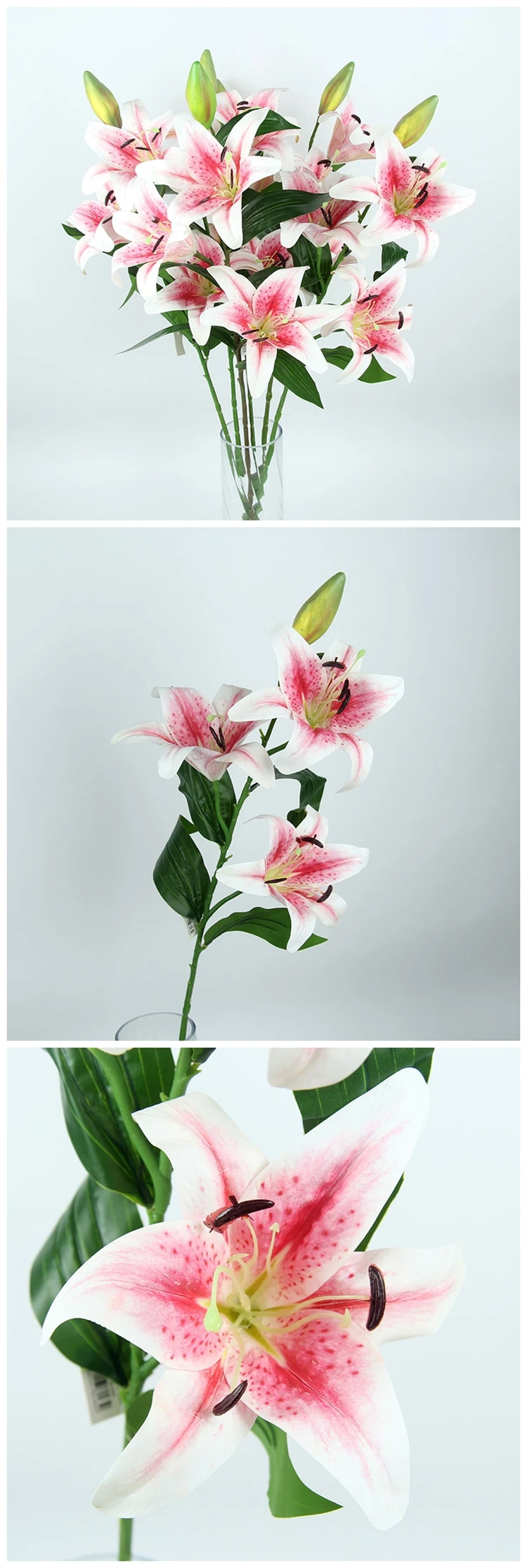 X1125 100cm Colored Lilies White 3 Heads 1 Bud Artificial Silk Tiger
