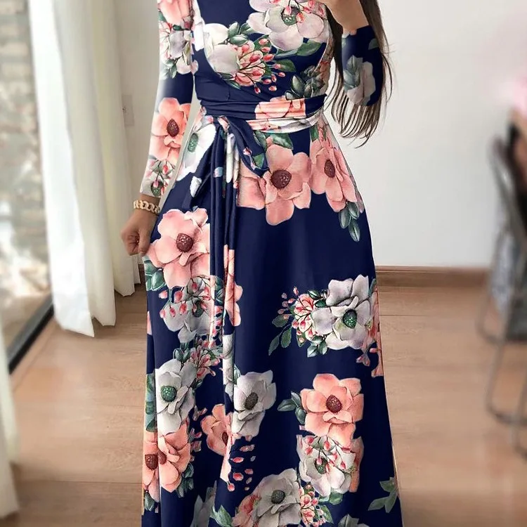 

2022 Wholesale Plus Size Spring Dresses Women Clothing Frock Lady Long Sleeve Church Elegant Casual Formal Dress With Belt
