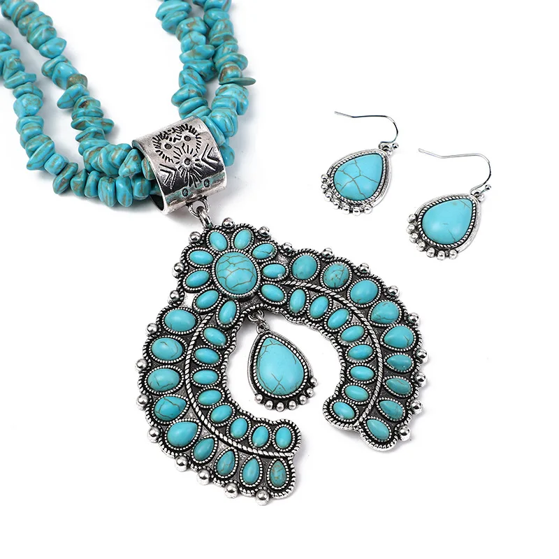 

2023 Jewelry Set Western Turquoise Squash Blossom Earrings Necklace Sets For Woman Gift