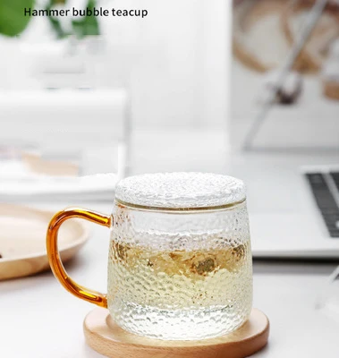 

Handmade hammered grain golden handle tumbler glass juice water cup with lid water bottle, As picture