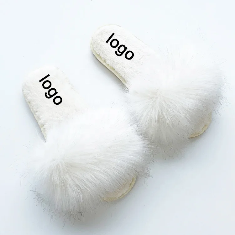 

Cheap Real Fox Fur Women' Fox Fur Slippers Beautiful Fluffy Slides Home Plush Furry white Slippers for the UK