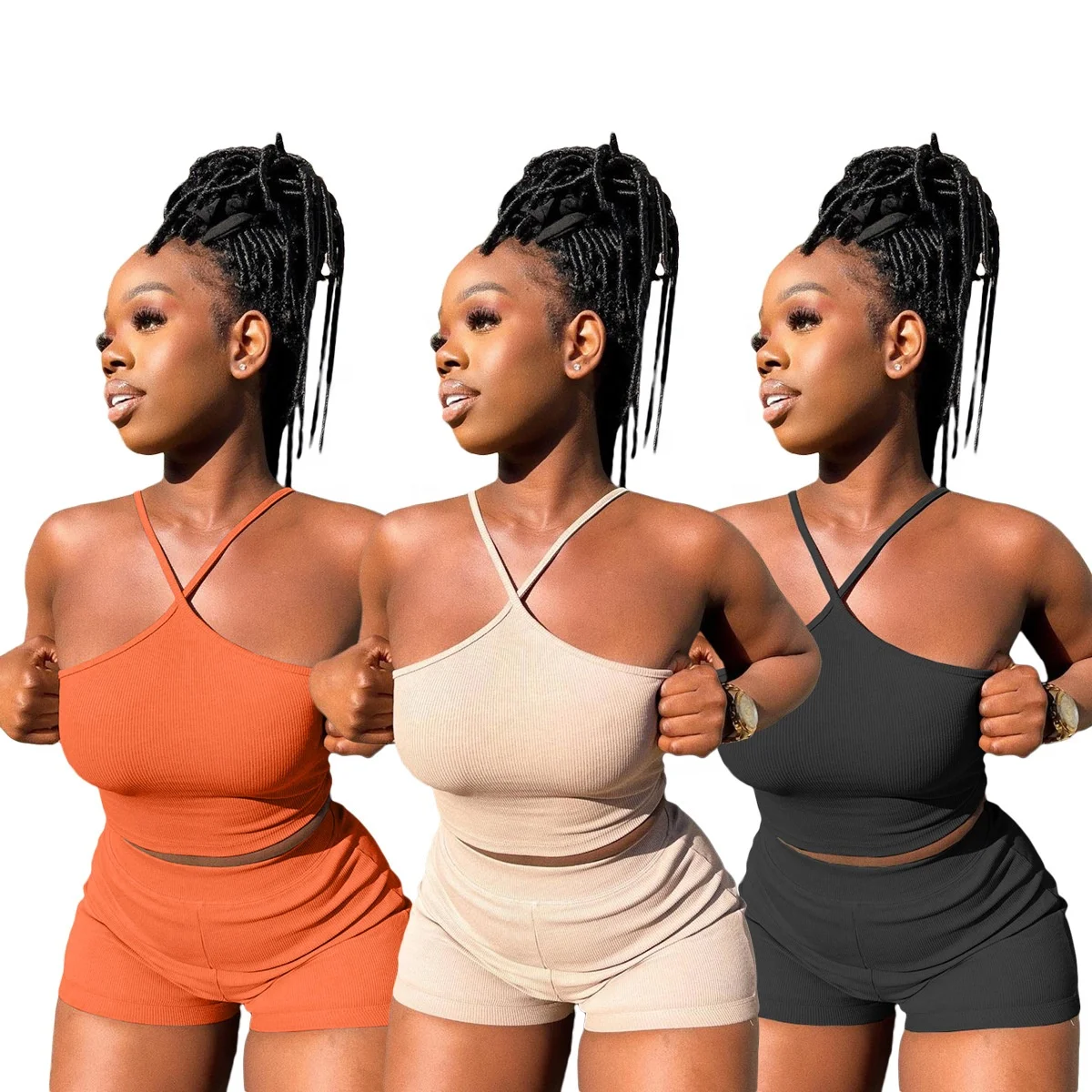 

Hot Selling Solid Color Sexy Backless Halter Crop Top Two Piece Short Set