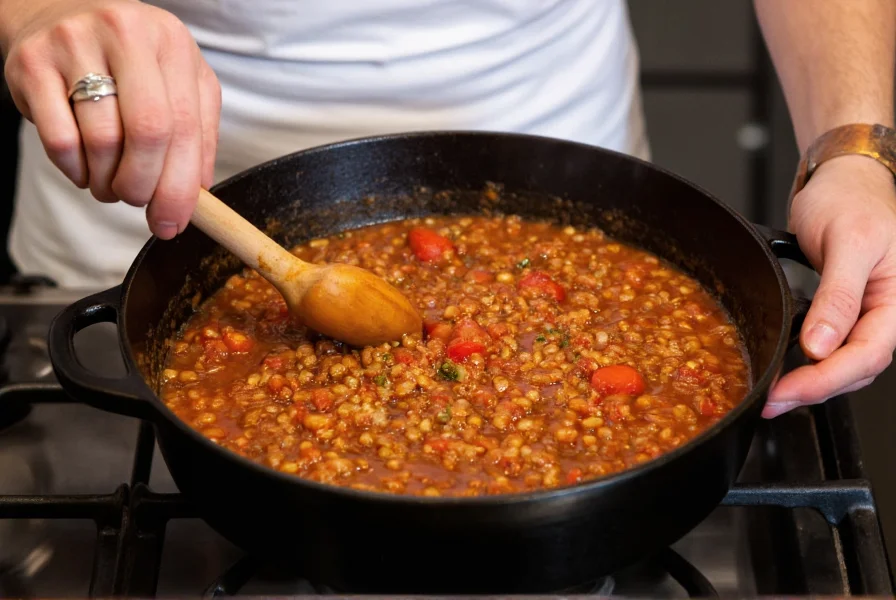 Professional chef stirring a pot of thick lentil chili with visible lentils, tomatoes, and spices in a cast iron pot