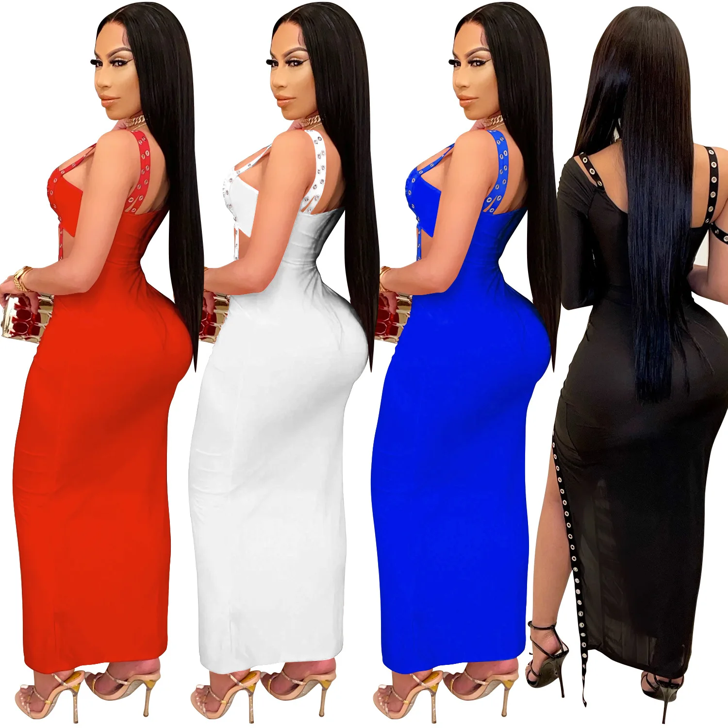 

High Quality Summer Bodycon Sexy Girls Dress Sexy Irregular Solid Club Hollow Out Women Long Dress, Picture color