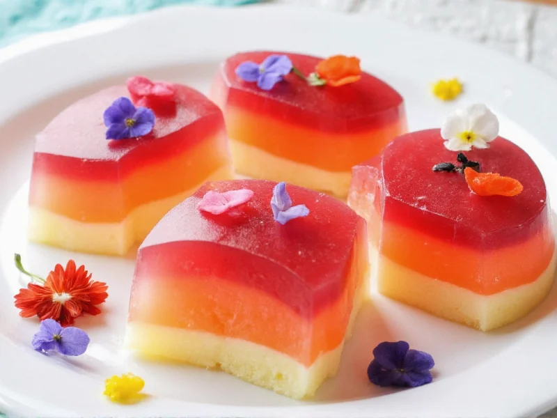 Artistic layered homemade jello dessert with edible flowers