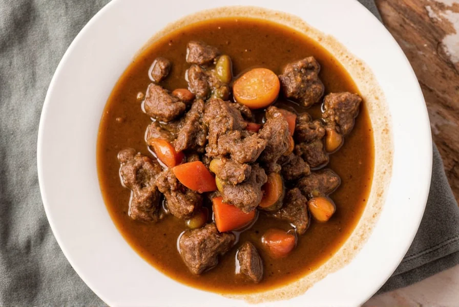 Peruvian beef stew with potatoes and carrots in a clay pot