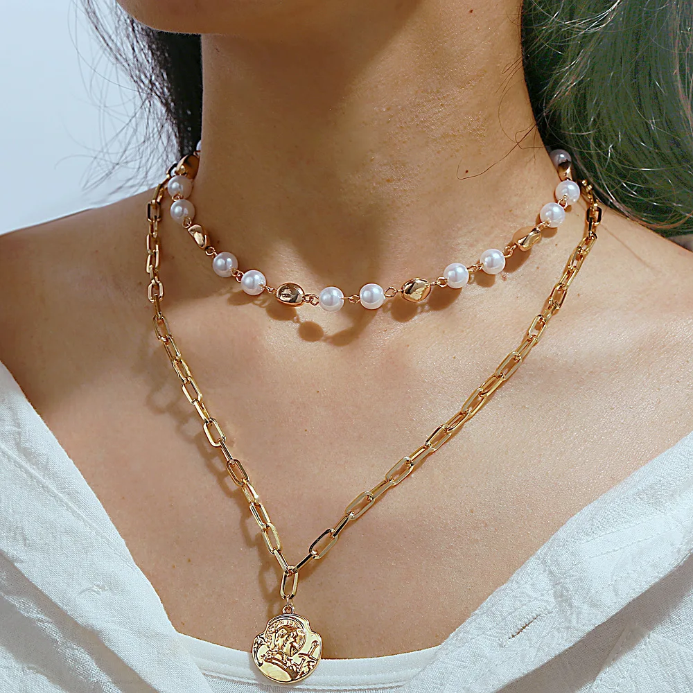 

Fashion Layered Gold Chain Pearl Necklace for Women wholesale with Irregular Pendant