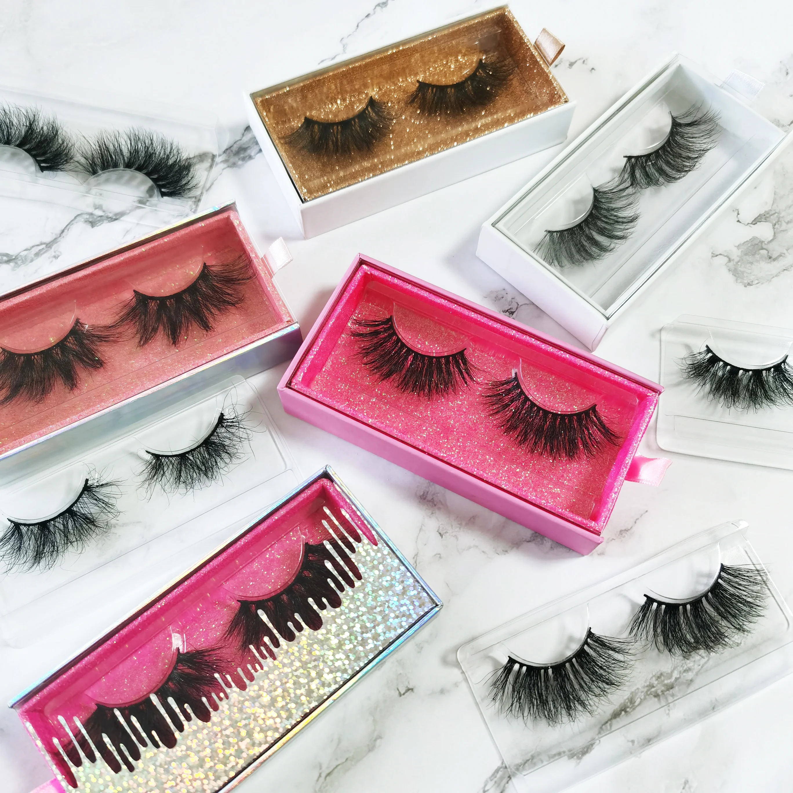 

customized natural lashes individual bulk cruelty free fluffy mink eyelash 25mm vendor with customize pink and white box package