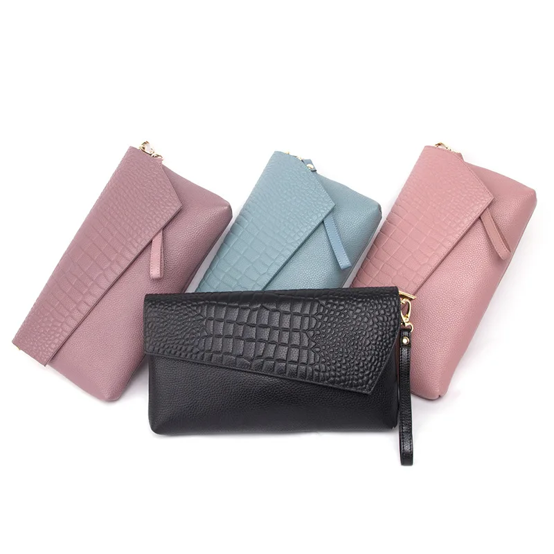 

Genuine Leather Evening Clutch Women Single-Shoulder Messenger Hand Bags Zipper Buckle Purses Bag/, Blue/pink/black