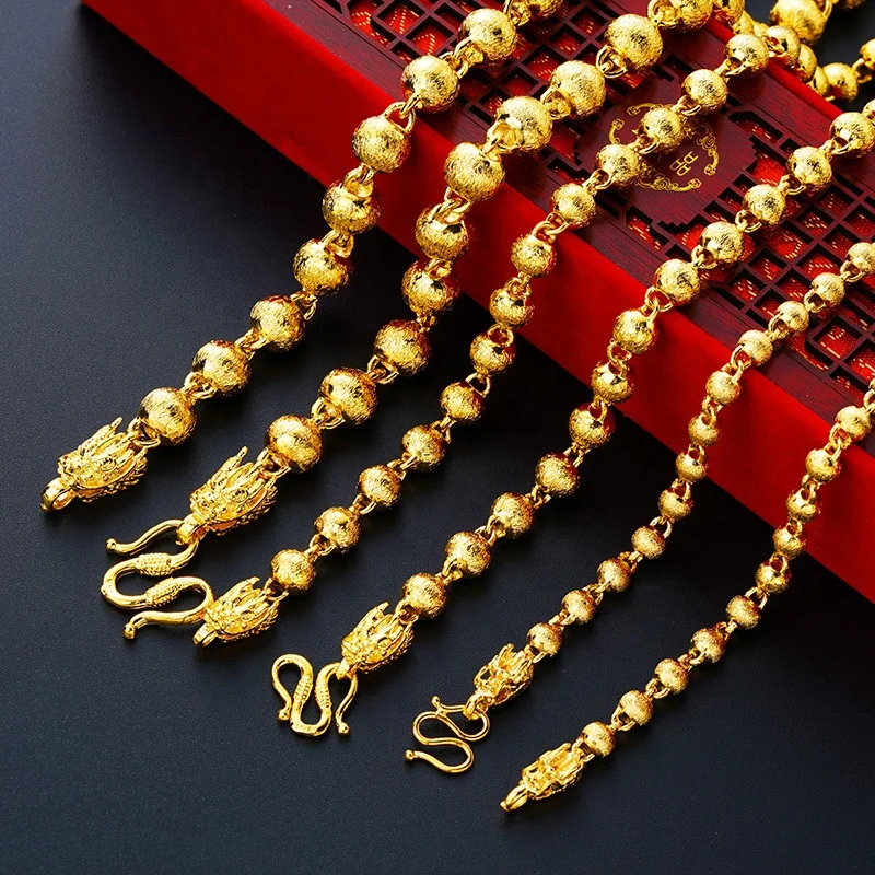 

African Vintage Custom Made Jewelry Designs 24K Real Gold Filled Plated Long Large Bead Necklace For Men, Gold,custom