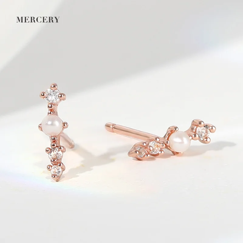 

Rose Gold Plated Silver CZ Earrings Pearl 925 Sterling Silver Gold Plating Huggie Studs Gemstone Aretes de Plata Fine Jewelry