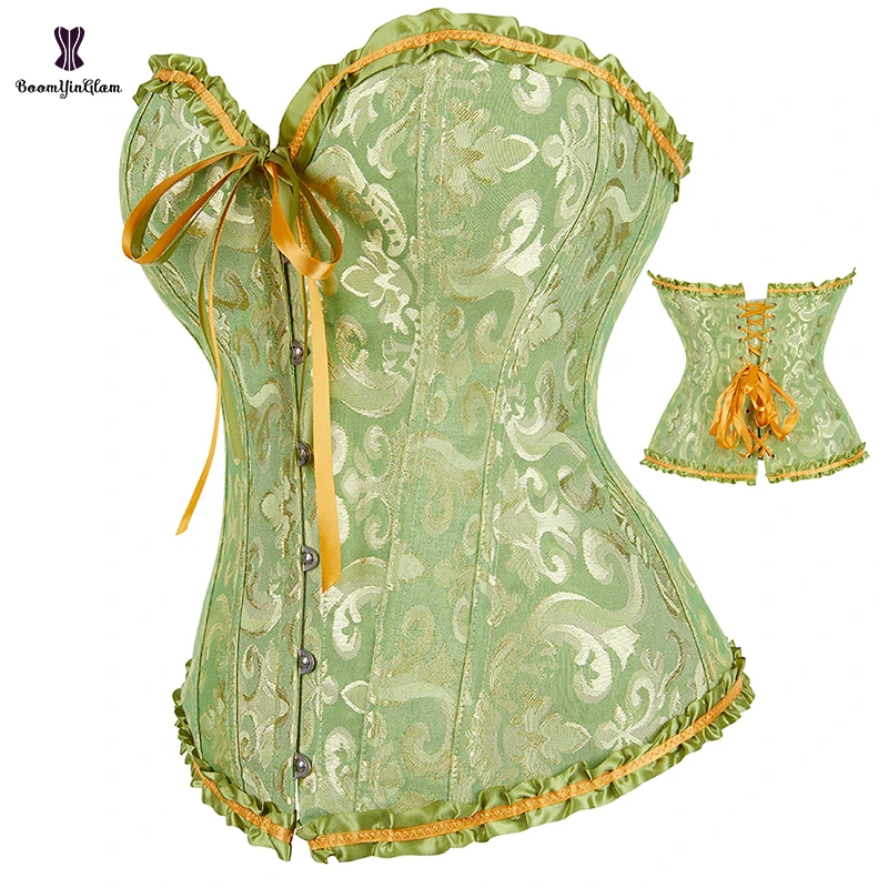 Front 6 Bucks Closure 12 Glue Boned Vintage Gothic Corselet Green Womens Overbust Corset with G String Plus Size