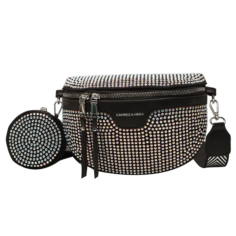 

2022 Women Chest Pack Luxury Belt Bag Shoulder Bag Leather Fanny Pack Rhinestone Waist Bags, Black/silver/multicolour