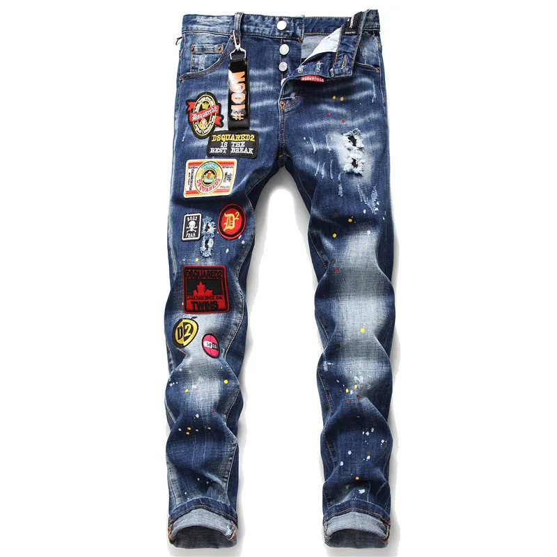 

Jeans men's 2DQS big brand foreign trade maple leaf hole badge elastic Slim Fit Jeans high grade