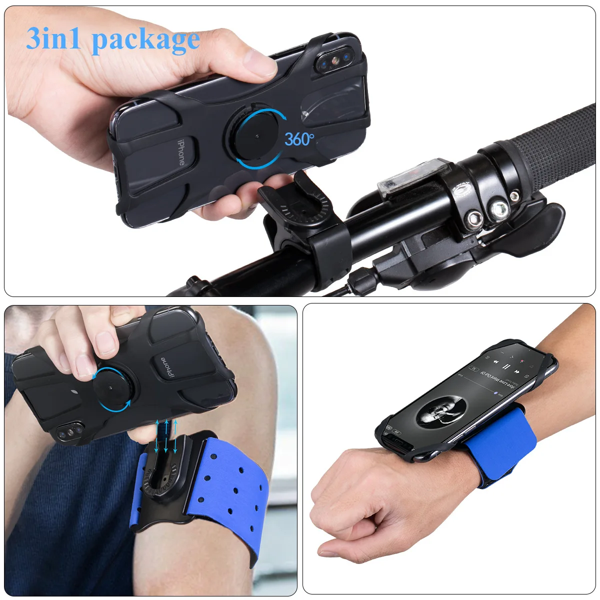 

Upgrade Design 3 in 1 Detachable Sports Armband Running wristband Jogging Phone holder, Black grey blue