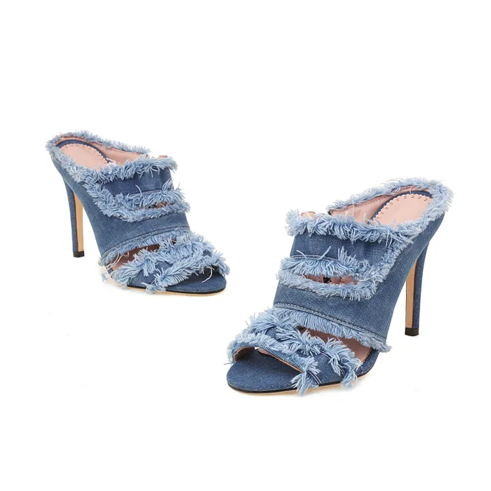 

2022 New Stylish Mules Femme Blue Jean Heeled Pumps Large Size Peep Toe Denim Summer Slippers Women Thin High Heel Sandals Shoes
