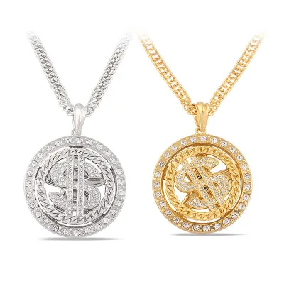 

Gold/Silver Plated Chain For Men With Dollar Sign Pendant Gold Rotatable Hip Hop Necklace