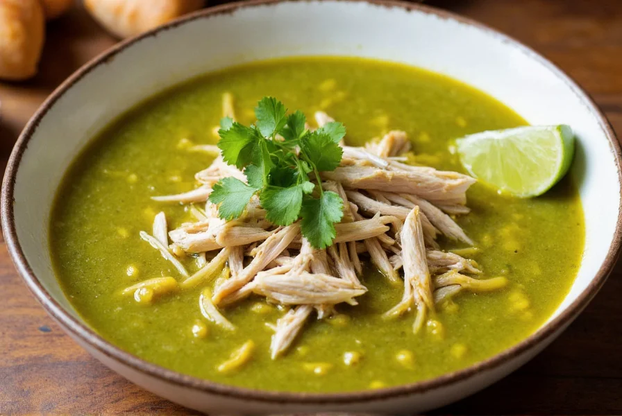 Bowl of vibrant green chili chicken soup with shredded chicken, fresh cilantro garnish, and lime wedge