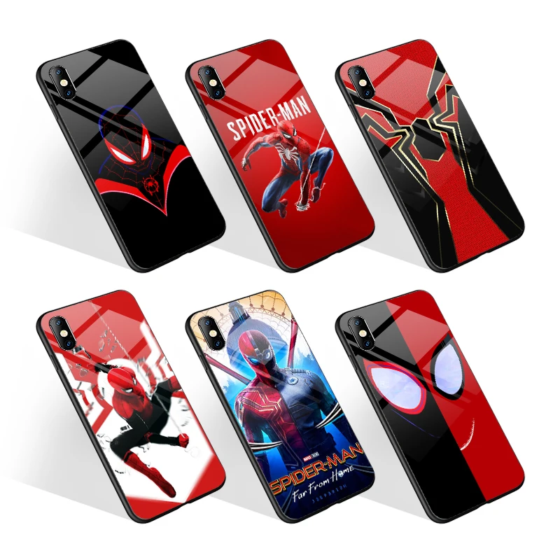 

Custom print Spider Man Glossy Toughened glass phone case for iPhone 12 7/8 Plus X XS XR 11Pro Mobile phone Cases, Black