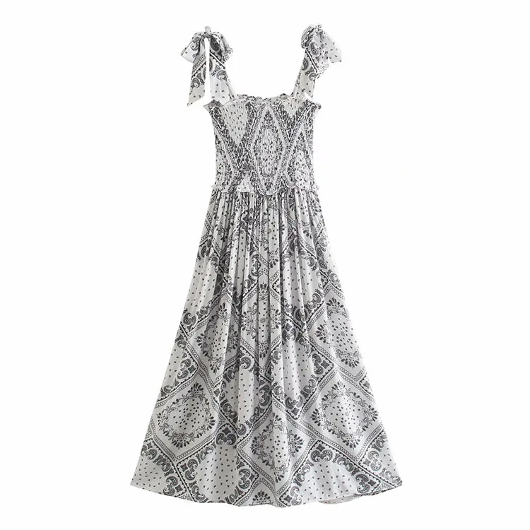 

Women 2021 Chic Fashion Ruffles Ink painting long Dress Vintage bow-knot Backless Thin Straps Female Dresses Vestidos, Picture color